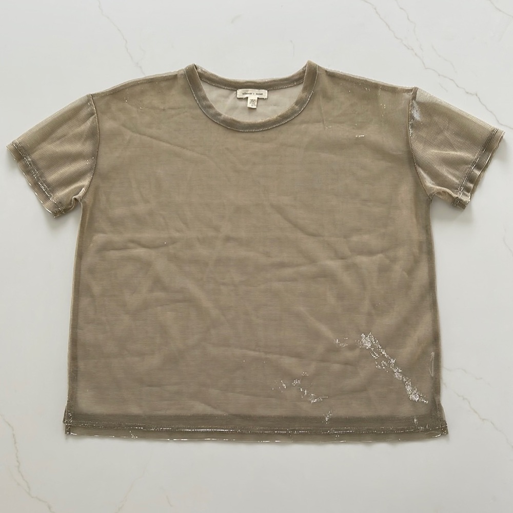 Silence + noise gold metallic mesh short sleeve shirt woman’s size small